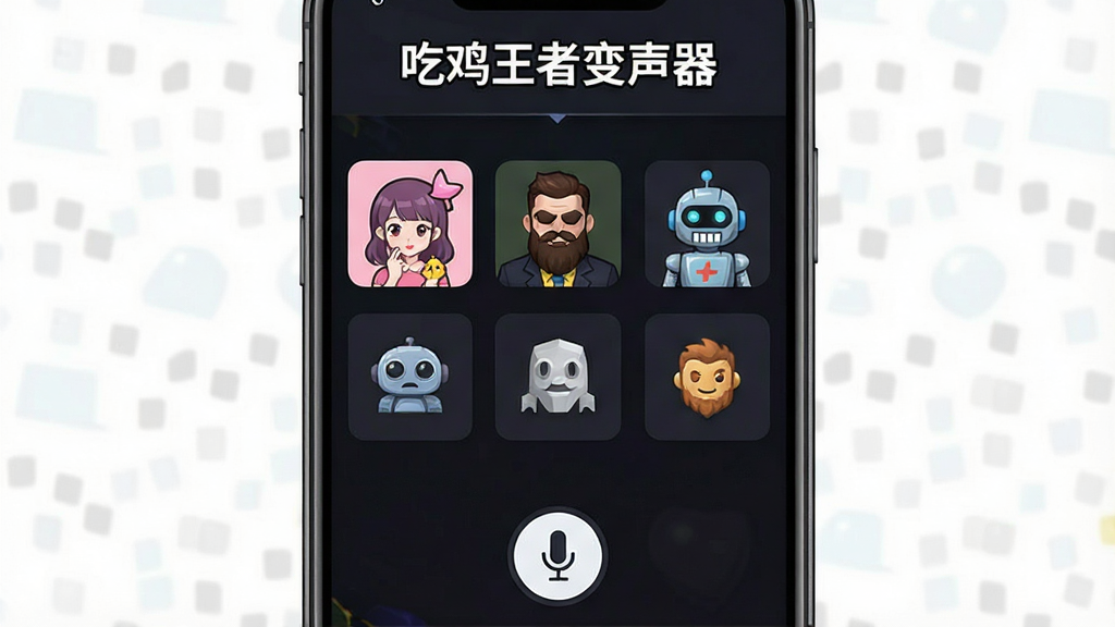 一张展示吃鸡王者变声器软件界面的竖版手机截图,画面中央是软件主界面,顶部有“吃鸡王者变声器”文字标识,中间排列着萝莉、大叔、机器人等音效图标,底部是麦克风开关按钮,整体采用深色游戏风格,布局清晰,画质干净,无多余元素