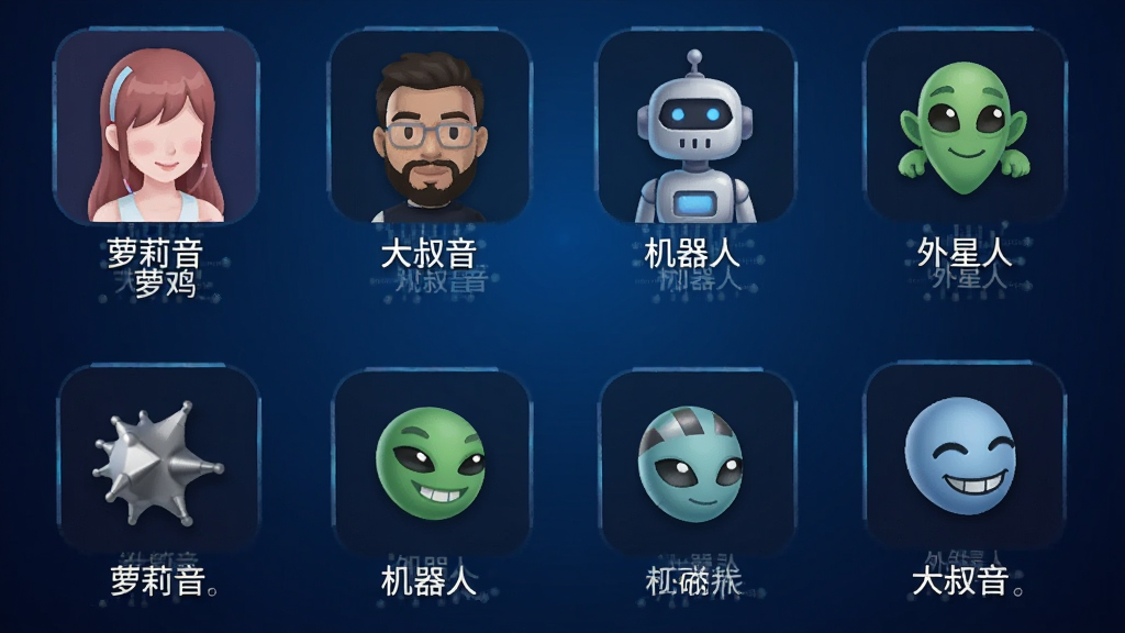 一张展示吃鸡王者变声器音效库的手机截图,画面中整齐排列着各种音效图标,包括“萝莉音”“大叔音”“机器人”“外星人”等,每个图标下方有文字标签,背景为深蓝色渐变,风格简洁科技感,画质清晰,无多余元素