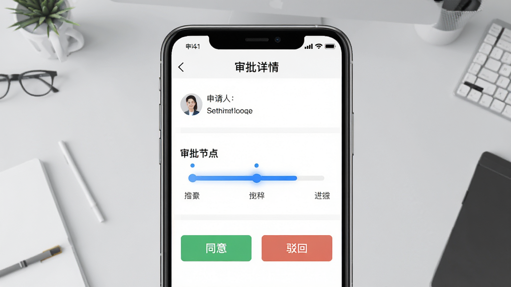 同凯管理APP审批流程界面示意图,画面中央为手机屏幕展示审批详情页,包含申请人信息、审批节点进度条、同意与驳回按钮,背景为淡灰色办公桌面环境,布局采用中心对称构图,风格为商务简约风,细节上进度条使用蓝色高亮显示,画质清晰干净,无多余元素