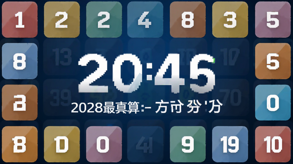 2048经典版分数结算界面,画面中央醒目显示当前分数与历史最高分数字,周围环绕着不同数字方块图标作为装饰,背景为深蓝渐变色调,风格简洁商务,文字清晰易读,画质干净无多余元素