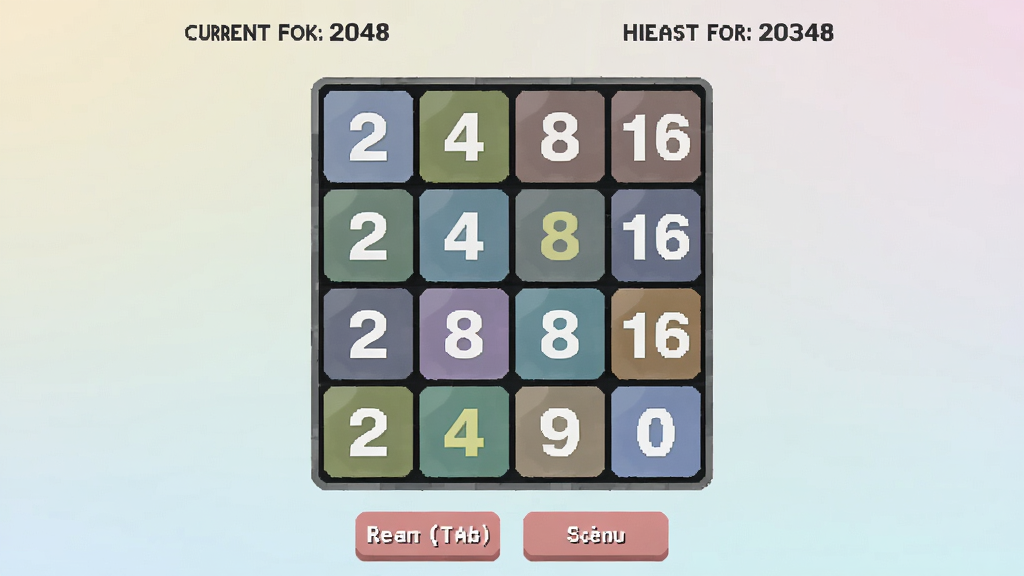 2048经典版游戏主界面截图,画面中央是4x4方格棋盘,格子上分布着2、4、8、16等数字方块,背景为柔和渐变浅色调,界面简洁清爽,顶部显示当前分数与最高分记录,底部有重新开始与撤销按钮,整体风格为扁平化设计,画质清晰干净,无多余装饰元素