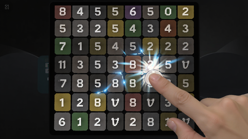 2048经典版游戏进行中的画面,棋盘上数字方块排列错落有致,玩家手指正在屏幕上滑动操作,画面中可见数字合并时的动态光效,背景为深色护眼模式,整体风格现代简约,画质细腻流畅,干净无杂乱元素