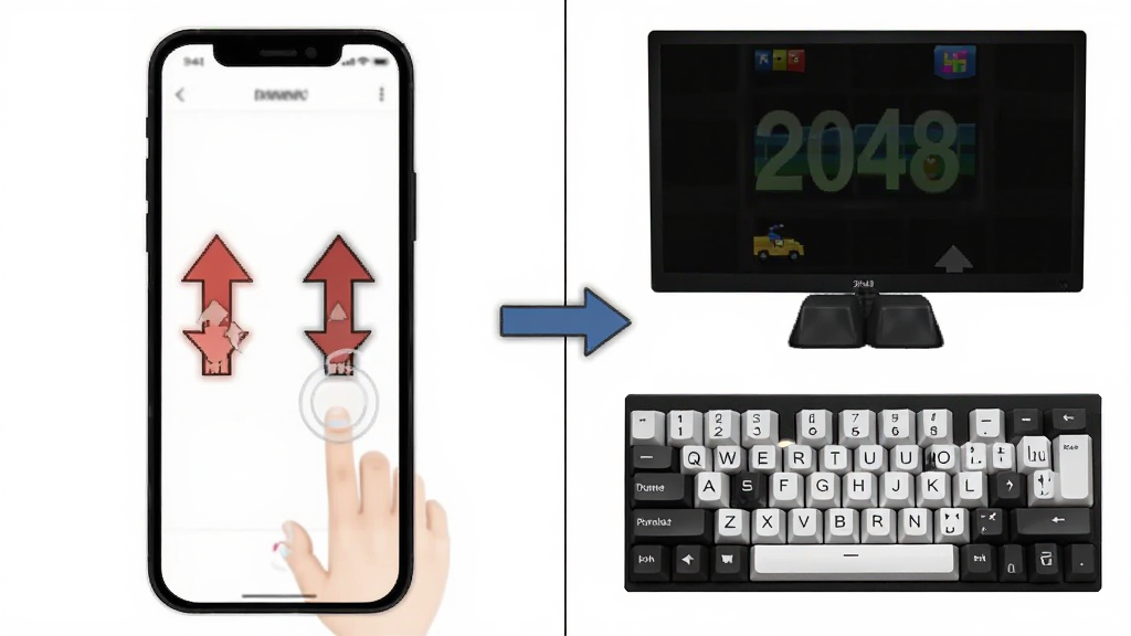 2048经典版游戏操作示意图,画面左右分屏展示手机触屏滑动操作与电脑键盘方向键操作对比,中间有箭头指示滑动方向,背景为白色,风格简洁明快,画质清晰干净,无多余元素