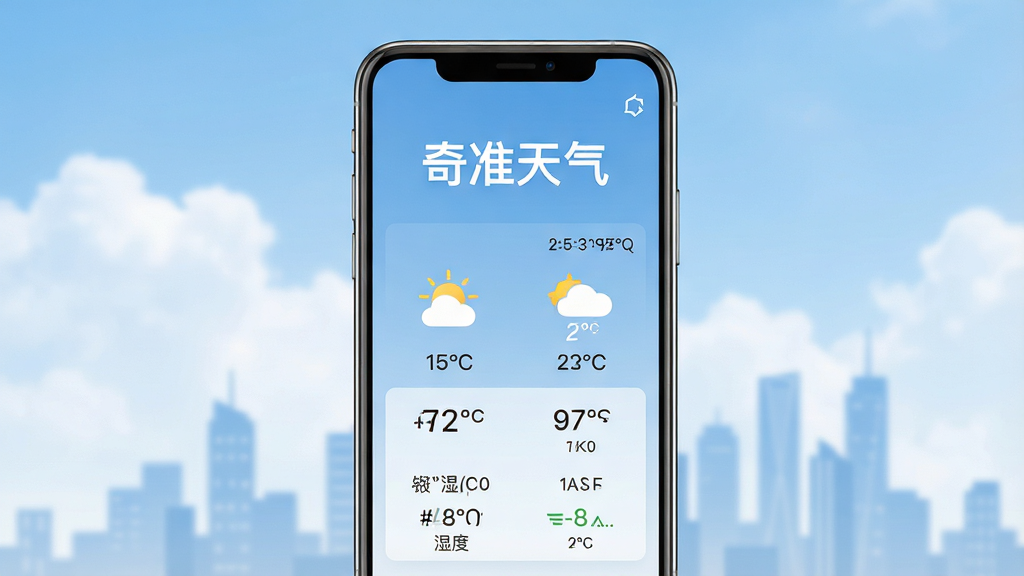 一幅展现奇准天气软件界面的手机屏幕展示图,画面中央是一部现代智能手机,屏幕上清晰显示着“奇准天气”四个大字以及当天的温度、天气图标、湿度、风速等详细数据。背景是柔和的蓝天白云与城市剪影融合,布局采用居中构图,风格简洁现代,细节上手机边缘有轻微反光,画质清晰,干净无多余元素。