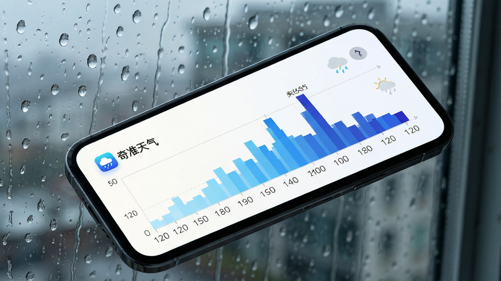 一幅展示奇准天气分钟级降水预报功能的界面图,手机屏幕中央显示着一条时间轴,上面标注着未来120分钟的降雨强度柱状图,颜色从浅蓝到深蓝渐变,旁边有“奇准天气”小图标。背景是带有雨滴的窗户玻璃,布局采用对角线构图,风格写实科技感,细节上雨滴晶莹剔透,画质清晰,干净无多余元素。