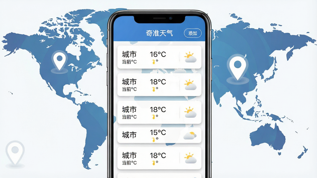 一幅展示奇准天气多城市管理功能的界面图,手机屏幕显示一个城市列表,每个条目包含城市名、当前温度和天气图标,列表顶部有“奇准天气”标题和添加按钮。背景是世界地图与定位图标的抽象组合,布局采用垂直列表式,风格商务实用,细节上列表条目有轻微阴影,画质清晰,干净无多余元素。