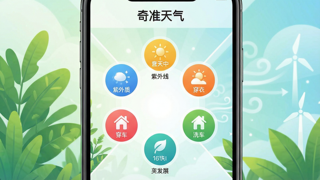 一幅展示奇准天气生活指数功能的界面图,手机屏幕中央以圆形图标阵列展示空气质量、紫外线、穿衣、洗车等指数,每个图标旁有简短文字说明,顶部有“奇准天气”标识。背景是绿植与清新空气的抽象图案,布局采用中心辐射状,风格健康活力,细节上图标色彩鲜明,画质清晰,干净无多余元素。
