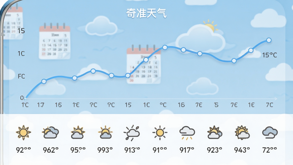 一幅展示奇准天气15天天气趋势的界面图,手机屏幕上半部分显示折线图,下半部分排列着15个天气图标和温度数值,顶部有“奇准天气”标题。背景是带有日历和云朵图案的淡蓝色壁纸,布局采用上下分层结构,风格清新简约,细节上折线图线条流畅,画质清晰,干净无多余元素。
