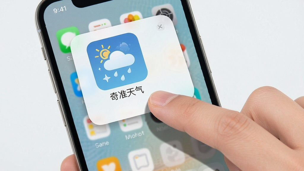 一幅展示奇准天气在手机桌面添加小组件的操作示意图,画面中一只手正在长按手机桌面,屏幕上方浮现出小组件选择菜单,菜单中清晰可见“奇准天气”的小组件预览图,背景是简洁的手机桌面壁纸,布局采用第一人称视角,风格教程指引,细节上手指有轻微阴影,画质清晰,干净无多余元素。