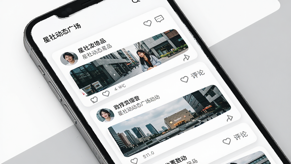 һ��չʾ���綯̬�㳡����ĸ���ͼ����������һ���ֻ���Ļ��ʾ��̬��Ƭ�б���ÿ�ſ�Ƭ�����û�ͷ��������������ͼ������Ϊ��ɫ��ǳ��ɫƴ�ӣ�����ִ���Լ��ϸ�ڰ�������������ͼ�꣬���������ɾ����޶���Ԫ��