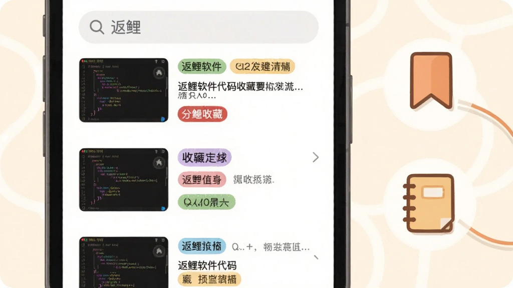 一张展示返鲤软件代码收藏与笔记功能的界面插画,画面中一部手机屏幕显示收藏夹列表,每个收藏项包含代码缩略图和文字笔记标签,屏幕右侧有书签图标和笔记本图标作为装饰,整体风格为温暖简约风,背景为米白色,细节包括彩色标签和搜索框,画质清晰干净,画面中带文字“返鲤”
