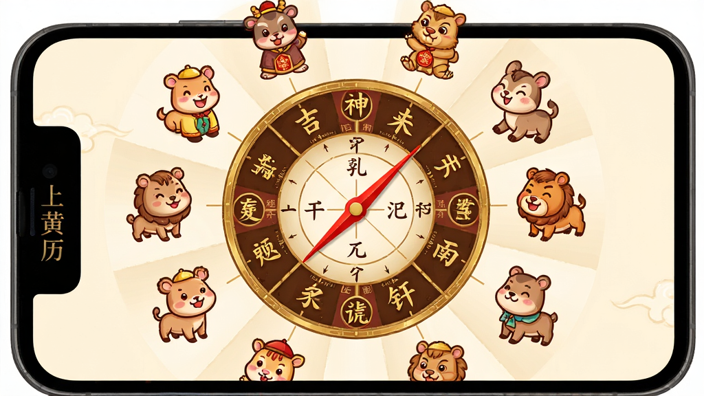 掌上黄历功能展示插画,主体为手机屏幕显示生肖运程与吉神方位罗盘,屏幕中央为圆形罗盘图案标注东南西北方位与吉神名称,周围环绕十二生肖卡通形象,布局为圆形放射状排版,风格为传统民俗插画风,细节包括红色罗盘指针、金色文字标注与米色背景,画质高清干净无多余元素,图片中文字为“掌上黄历”与“吉神方位”