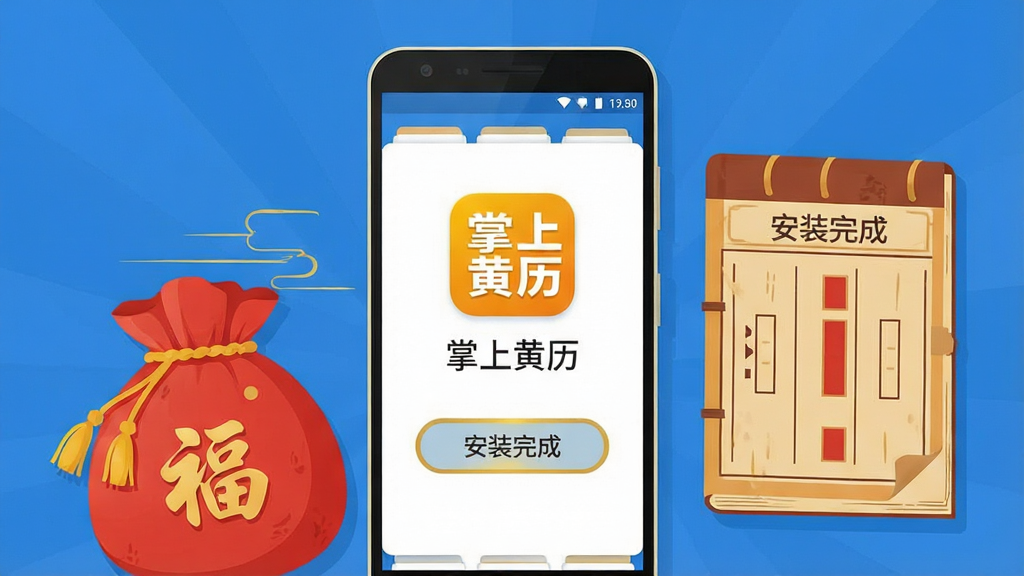 掌上黄历安装使用场景插画,主体为一部安卓手机显示安装完成界面,屏幕中呈现掌上黄历图标与“安装完成”按钮,手机旁边放置一个红色福袋与一本传统老黄历,布局为手机居中、福袋与黄历分列两侧,排版简洁明快,风格为现代扁平插画风,细节包括蓝色背景、白色卡片与金色装饰线条,画质高清干净无多余元素,图片中文字为“掌上黄历”与“安装完成”