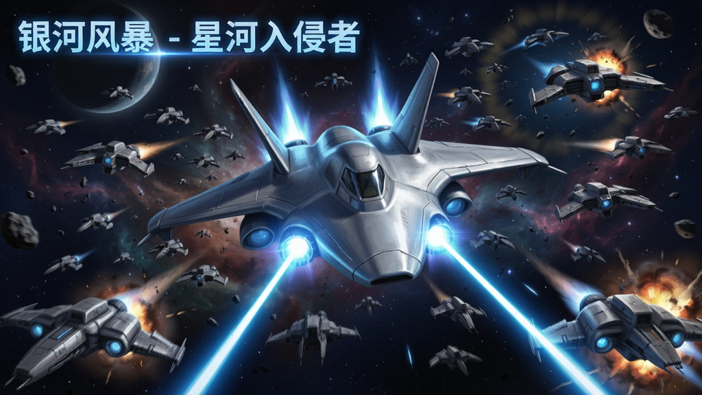 一幅以浩瀚宇宙为背景的科幻插画,画面中央是一架流线型银色战斗机甲正在发射蓝色激光束,前方有大量外星飞船编队来袭。画面左上角用发光字体写着