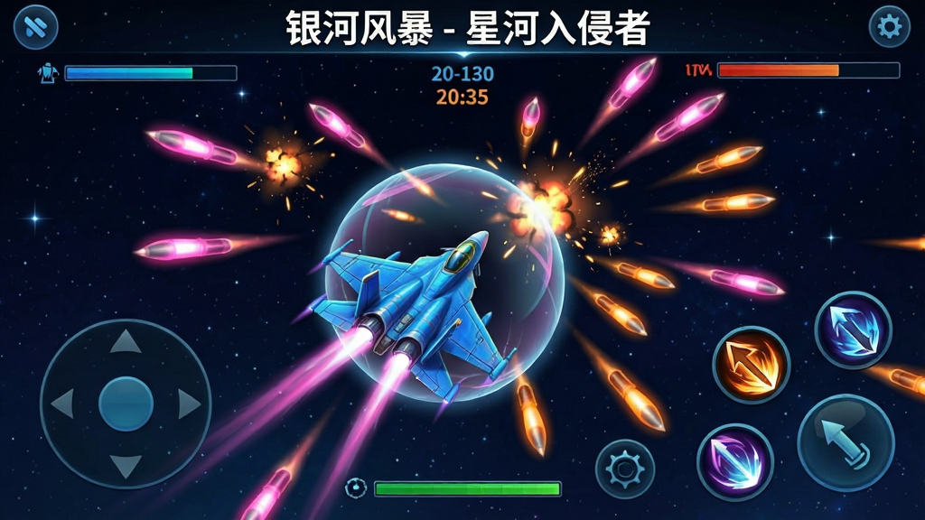 一款竖屏手机游戏界面截图风格插画,画面展示一架蓝色战机在星空背景下躲避密集的粉色和橙色弹幕,战机周围有护盾光效,画面底部有虚拟摇杆和技能按钮。画面顶部用白色字体标注