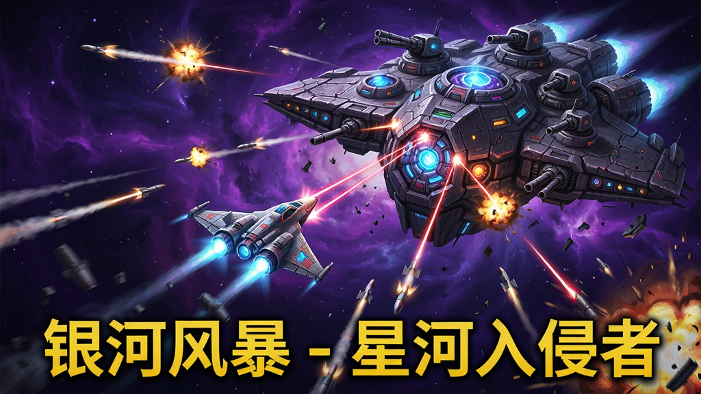 一幅科幻风格的游戏BOSS战场景插画,画面中央是一架小型战机面对一个巨大的外星母舰BOSS,母舰表面布满发光核心和炮台,背景是深紫色星云。画面下方用黄色字体写着