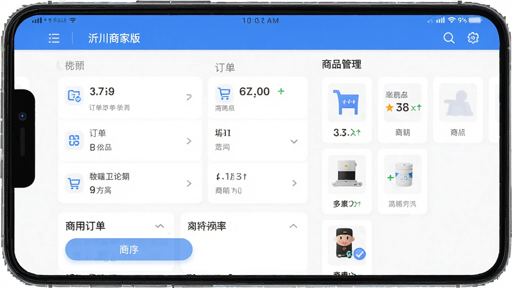 主体是沂川商家版手机应用界面,布局为手机屏幕正面展示,屏幕内显示商家后台订单列表和商品管理页面,排版简洁清晰,风格为现代扁平化UI设计,细节包含蓝色主色调、图标按钮、数据卡片,画质高清干净无多余元素