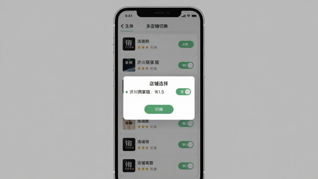 主体是沂川商家版多店铺切换界面,布局为手机屏幕展示店铺选择弹窗,排版为列表式布局,风格为素雅极简设计,细节包含多个店铺名称、切换按钮、当前店铺标识,画质高清干净无多余元素