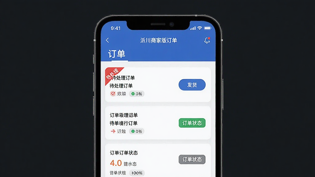 主体是沂川商家版订单管理界面,布局为手机屏幕展示订单列表页面,排版为上下结构,风格为现代商务扁平化设计,细节包含待处理订单红色角标、发货按钮、订单状态标签,画质高清干净无多余元素