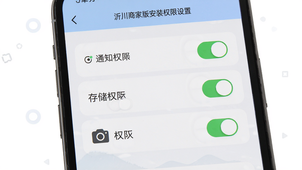 主体是沂川商家版安装权限设置界面,布局为手机屏幕展示设置页面,排版为列表式权限开关,风格为清爽素雅设计,细节包含通知权限开关、存储权限、相机权限图标,画质高清干净无多余元素