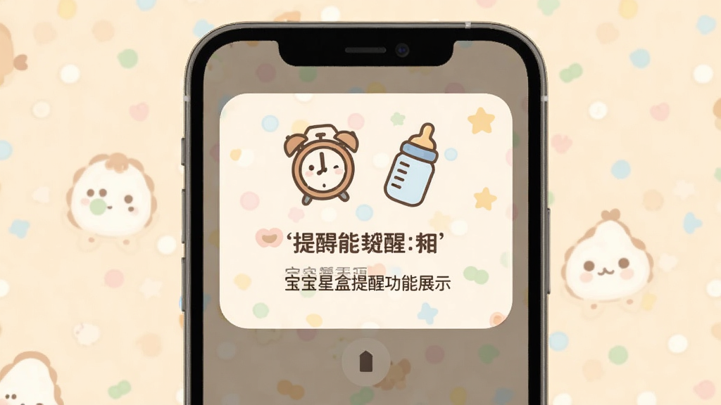 宝宝星盒智能提醒功能展示,手机屏幕弹出可爱的提醒通知卡片,卡片上有小闹钟和奶瓶图标,文字区域显示提醒内容,背景是柔和的米黄色,风格为卡通扁平插画,布局居中,画质干净清晰,无多余元素