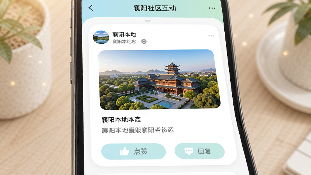 我的襄阳App社区互动界面,手机屏幕中显示用户发布的图文动态,包含襄阳本地风景照片和文字评论,下方有点赞和回复按钮,界面采用柔和圆角卡片设计,配色清新淡雅,整体氛围温馨友好,高清画质,画面干净整洁