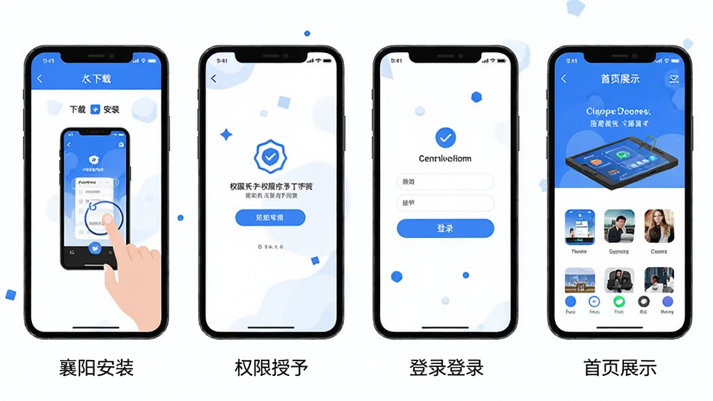 我的襄阳App新手安装步骤示意图,手机屏幕中显示从下载到安装完成的四个步骤画面,包含点击安装、权限授予、登录界面和首页展示,画面采用扁平插画风格,配色以蓝色和白色为主,每个步骤下方有简短文字说明,高清画质,排版清晰,无多余装饰元素
