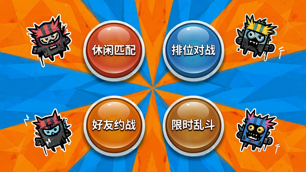抽象大乱斗游戏模式选择界面,画面中央有四个圆形按钮分别标注休闲匹配、排位对战、好友约战和限时乱斗,按钮周围环绕着抽象大乱斗的涂鸦角色小图标,背景为明亮的橙蓝撞色几何图案,整体布局为放射状对称,风格为活泼的游戏菜单UI,细节包括按钮上的光泽质感和悬浮动画效果,画质清晰干净,无多余元素