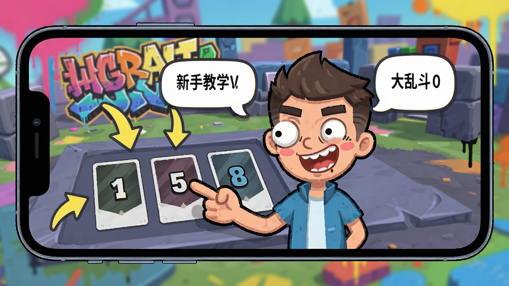 抽象大乱斗新手教学界面插画,画面展示一部手机横屏放置,屏幕中有一位卡通导师角色正在用手指向卡牌放置区域,旁边有箭头标注和文字气泡,背景为抽象大乱斗的涂鸦风格训练场,整体布局左图右文,风格为游戏教学UI插画,细节包括导师的搞怪表情和卡牌上的数字标记,画质清晰干净,无多余元素