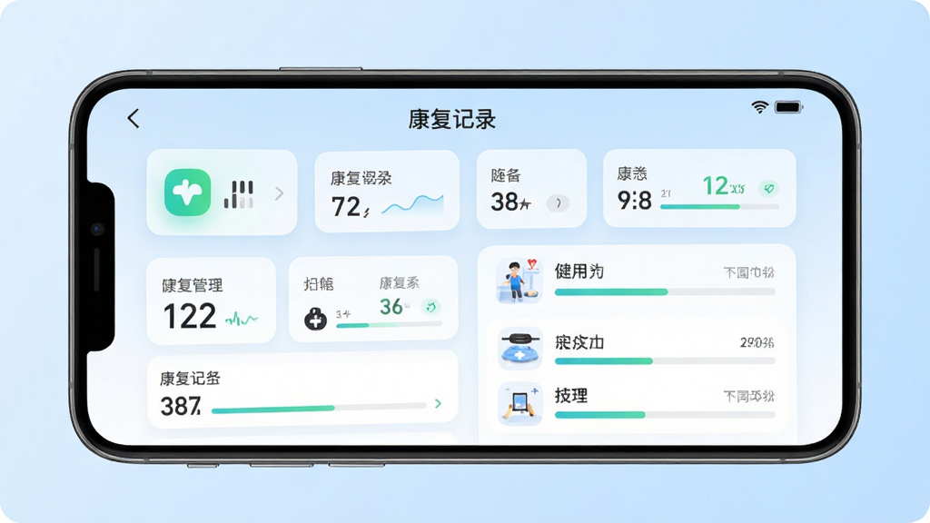 黎安管家手机应用界面展示,主体为一部智能手机屏幕,屏幕内呈现健康管理仪表盘与康复记录列表,布局居中对称,背景为浅蓝色渐变,风格简洁现代,细节包含图标、数据卡片与进度条,画质清晰,干净无多余元素