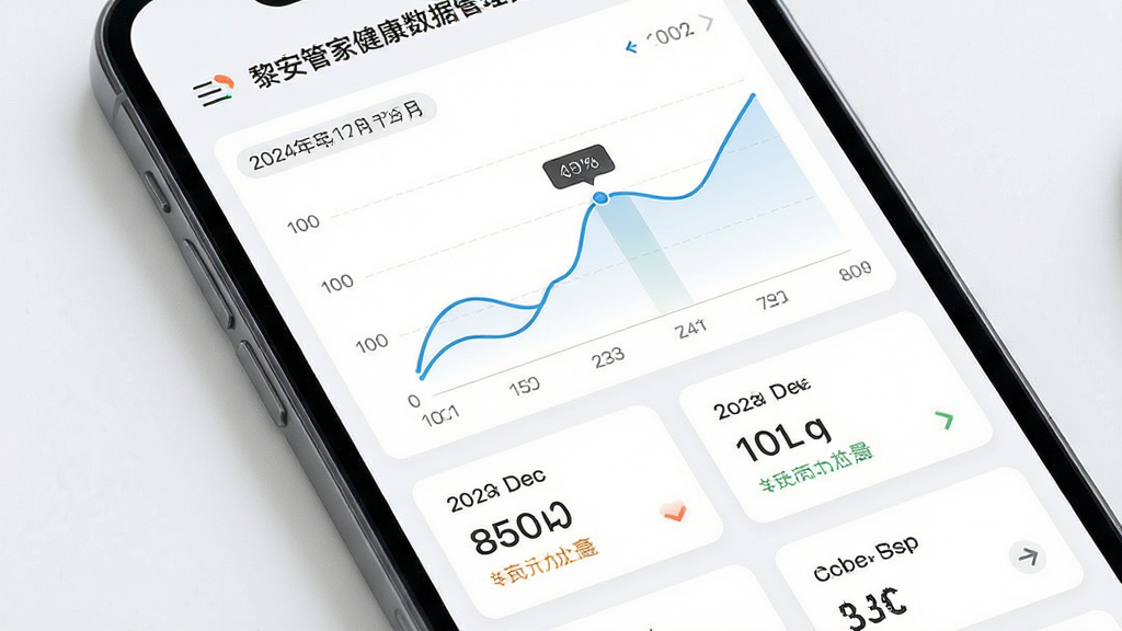 黎安管家健康数据管理界面,主体为手机屏幕显示折线图与数据卡片,布局上下结构,排版整齐,风格清爽简约,细节包含日期标签、数值标注与颜色区分,画质高清,干净无多余元素