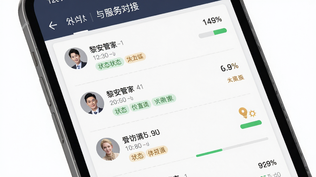 黎安管家消息通知与服务对接界面,主体为手机屏幕展示消息列表与进度条,布局左右分栏,排版清晰,风格商务简约,细节包含头像、时间戳与状态标签,画质清晰,干净无多余元素