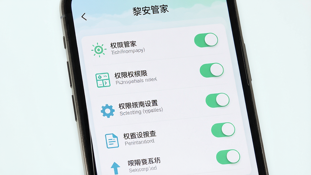 黎安管家安装设置界面,主体为手机屏幕展示权限开关列表,布局纵向排列,排版简洁,风格清新浅色,细节包含开关按钮、图标与文字说明,画质清晰,干净无多余元素