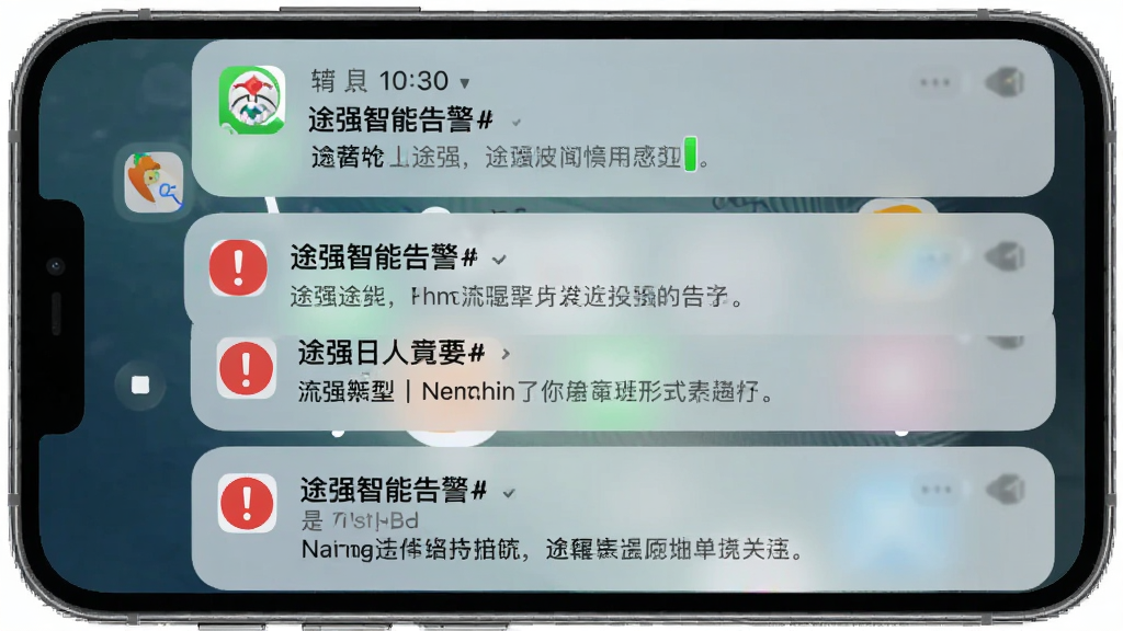 手机锁屏界面弹出多条途强智能告警通知卡片,卡片上有红色感叹号图标和文字描述;布局为手机竖屏锁屏展示;排版上通知卡片从上到下依次排列;风格为简洁通知中心样式;细节包括应用图标、时间显示、通知内容摘要;画质清晰,干净,无多余元素