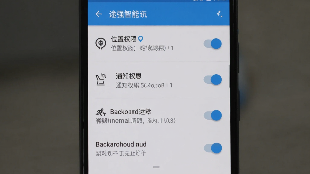 一部安卓手机展示途强智能的权限设置页面,页面上有位置权限、通知权限、后台运行等开关选项;布局为手机竖屏设置界面;排版上权限项目从上到下排列,开关状态清晰可见;风格为安卓系统设置界面风格;细节包括权限图标、开关按钮、文字说明;画质清晰,干净,无多余元素