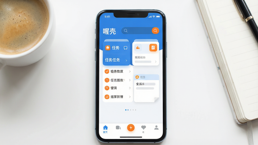 一张展示智能手机屏幕的图片,屏幕中央显示“喔壳”软件的主界面,界面布局简洁,上方有搜索栏,中部是功能卡片式排列的任务列表和便签,底部有导航栏。整体风格为现代简约科技风,配色以蓝白为主,点缀少量橙色图标。背景为干净的白色桌面,手机旁边放着一杯咖啡和一本笔记本。画质清晰,光线柔和,无多余杂乱元素。