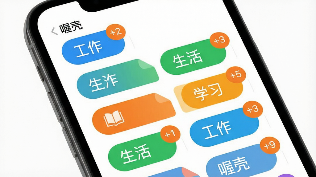 一张手机屏幕截图风格的图片,展示“喔壳”应用的标签管理界面。界面中分布着多个彩色标签,如“工作”为蓝色、“生活”为绿色、“学习”为橙色,标签旁有数字角标显示未完成数量。界面布局整齐,图标设计扁平化,背景为纯白色。画质清晰锐利,无多余装饰。