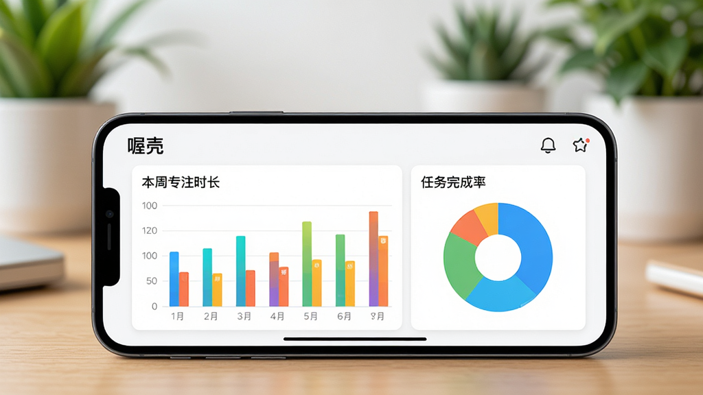 一部手机横屏放置在桌面上,屏幕显示“喔壳”应用的数据统计页面,页面中有柱状图和饼图展示“本周专注时长”和“任务完成率”。图表颜色鲜明,数据标签清晰。背景是模糊的书桌场景,有绿植点缀。画质高清,画面干净,无杂乱元素。
