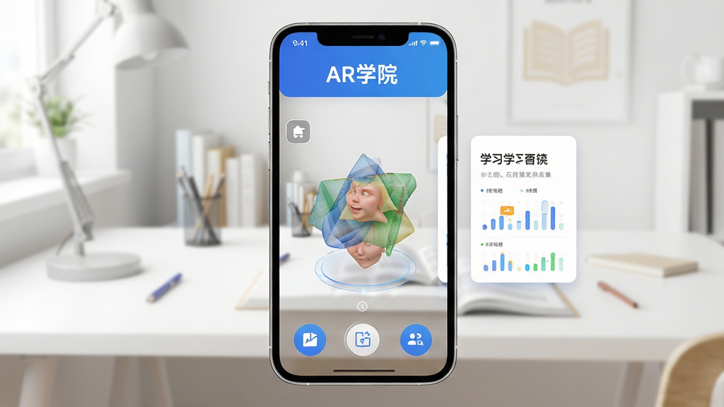 AR学院软件主界面预览图,画面中央展示手机屏幕内呈现的增强现实三维模型与学习卡片,背景为简洁明亮的室内学习桌场景,整体布局清晰,排版突出软件名称“AR学院”,风格为现代科技教育类UI展示,细节包括手机边框、屏幕内3D模型、图标按钮,画质高清,干净,无多余元素