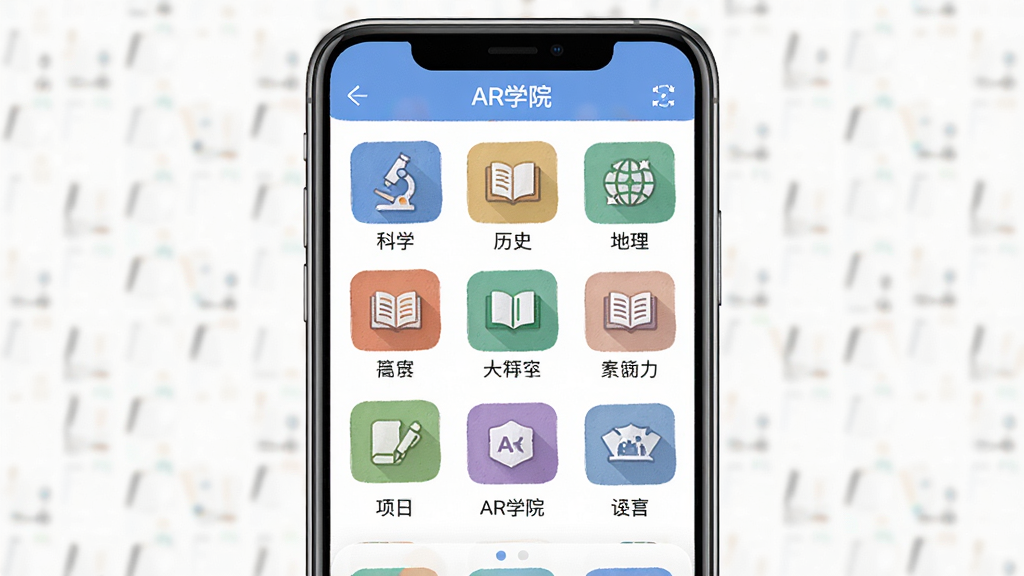 AR学院多学科内容界面图,画面主体为手机屏幕内展示多个学科分类图标,布局为网格排列,排版整齐,风格为教育类应用界面,细节包括科学、历史、地理等图标和文字标签“AR学院”,画质高清,干净,无多余元素