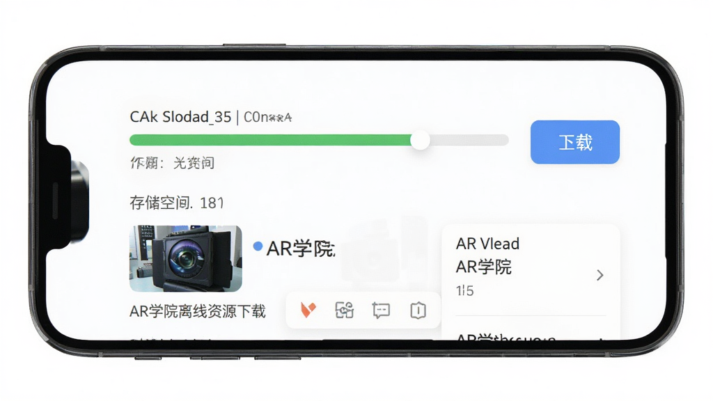 AR学院离线资源下载页面图,画面主体为手机屏幕显示下载进度条和已下载资源列表,布局为上下结构,排版清晰,风格为简洁工具类界面,细节包括下载按钮、存储空间提示、软件名称“AR学院”,画质高清,干净,无多余元素