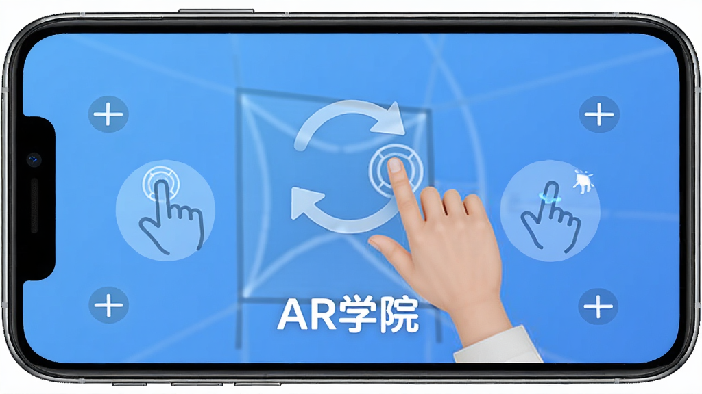 AR学院新手引导界面图,画面主体为手机屏幕显示手势操作提示动画,布局为居中展示,排版直观,风格为友好教学风格,细节包括手指图标、旋转箭头、缩放示意和文字“AR学院”,画质高清,干净,无多余元素