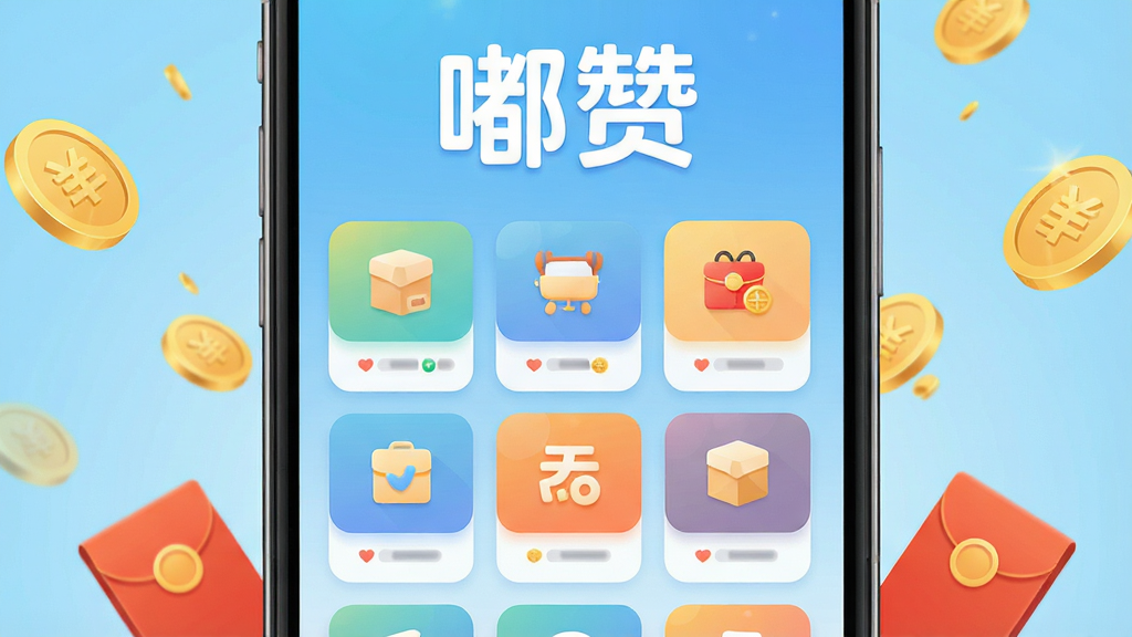 手机屏幕中央展示“嘟赞”应用主界面,界面顶部有醒目的“嘟赞”文字标识,下方排列多个任务卡片图标,背景为清爽的浅蓝色渐变,手机两侧散落金色金币和红包元素,整体布局居中对称,风格现代扁平化,细节精致,画质高清,干净无多余元素