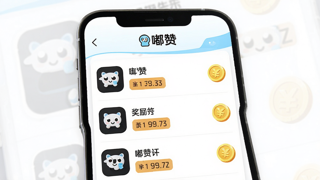 手机应用界面展示“嘟赞”任务列表页面,列表项包含应用图标和奖励金额标签,页面顶部有“嘟赞”品牌标识,背景为白色搭配淡蓝色装饰条,金币图标点缀在列表右侧,风格简洁明快,布局规整,画质清晰,干净无多余元素