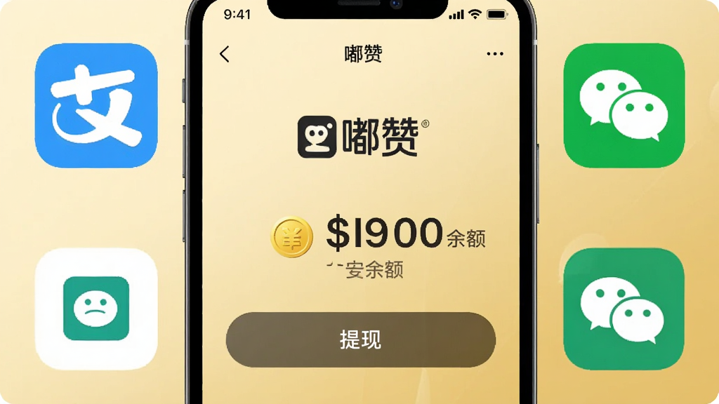 手机“嘟赞”钱包页面截图风格,页面中央显示金币余额和提现按钮,按钮上方有“嘟赞”标志,周围环绕支付宝和微信支付图标,背景为淡金色渐变,风格商务简约,细节清晰,画质高清,干净无多余元素