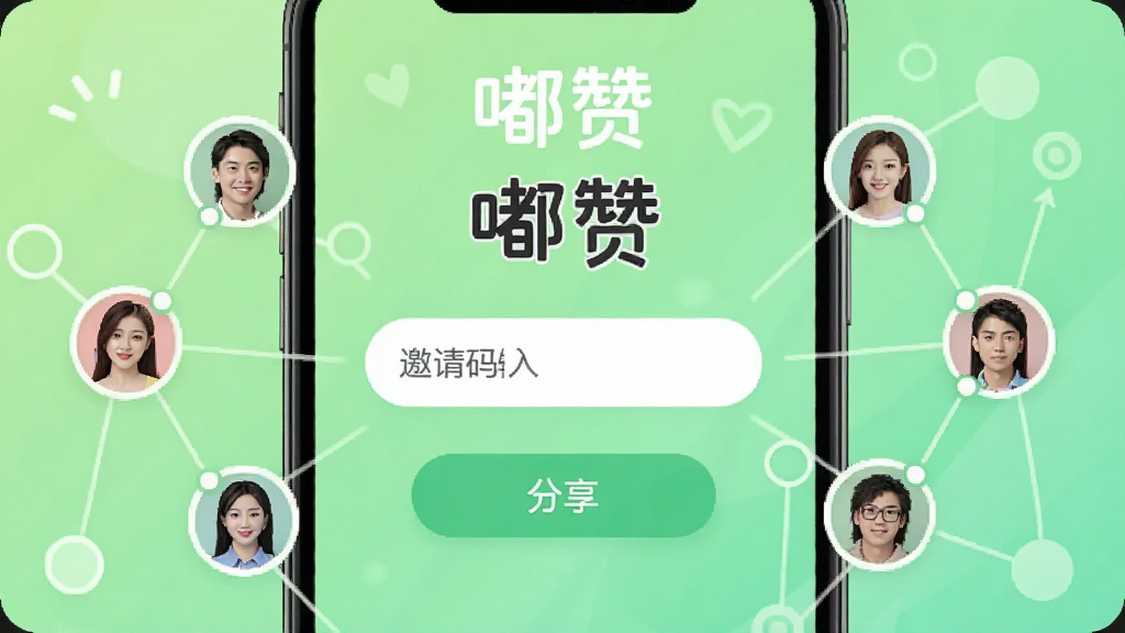 手机屏幕展示“嘟赞”邀请好友页面,页面中央有邀请码输入框和分享按钮,上方有“嘟赞”品牌文字,周围有好友头像和连线元素表示邀请关系,背景为浅绿色渐变,风格清新活泼,布局居中,画质清晰,干净无多余元素
