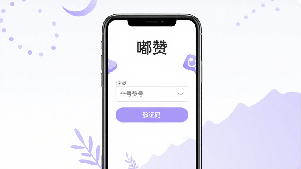 手机“嘟赞”应用注册登录页面,页面中央有手机号输入框和验证码按钮,顶部有“嘟赞”文字标识,背景为清爽的白色搭配淡紫色装饰,风格极简现代,布局对称,画质高清,干净无多余元素