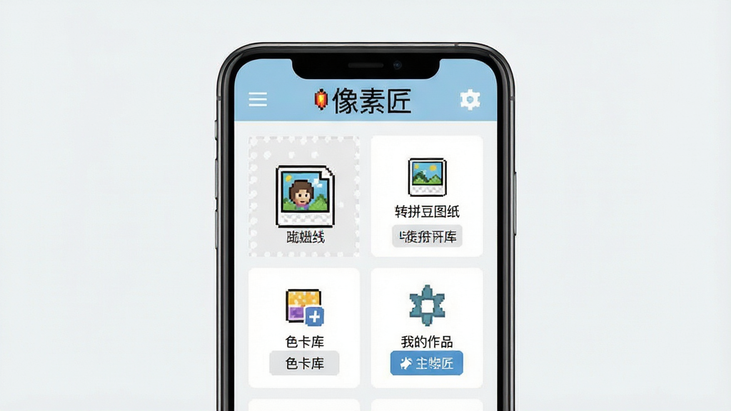 一张展示像素匠软件主界面的预览图,画面中央是手机屏幕,屏幕内显示像素匠拼豆设计工具的首页,顶部有像素匠文字标识,页面中排列着照片转拼豆图纸、色卡库、我的作品等功能入口,背景为浅色简约风格,主体突出,布局居中,排版清晰,风格为现代扁平化UI,细节包含图标与按钮,画质清晰,干净,无多余元素