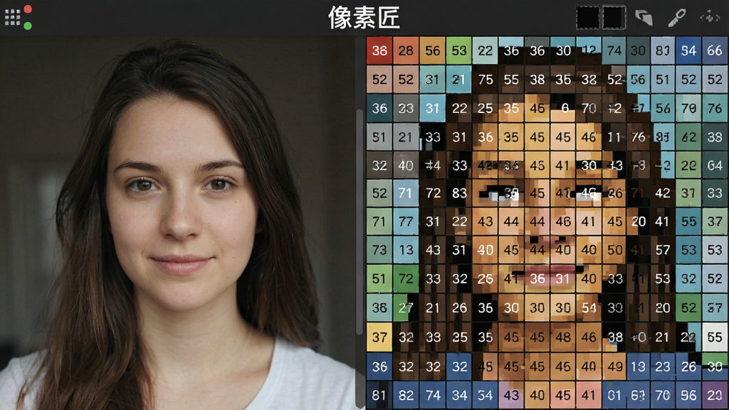 一张像素匠软件中照片转拼豆图纸功能的界面截图,画面展示一张人物照片正在被转换为像素拼豆网格图的过程,左侧为原图,右侧为像素化后的彩色方格图纸,方格中标注了色号数字,界面顶部有像素匠文字,整体布局左右分栏,风格为工具类应用界面,细节包含色块与数字标注,画质清晰,干净,无多余元素
