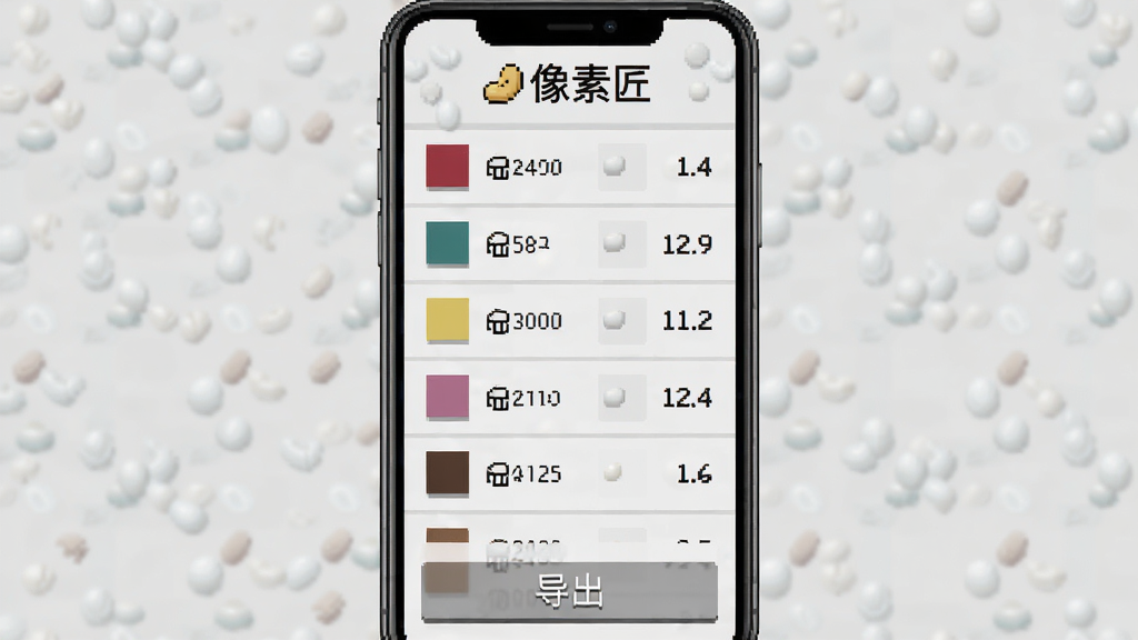 一张像素匠软件豆子数量统计页面的预览图,画面展示手机屏幕内一份拼豆用料清单,清单中列出不同颜色色块及其对应的豆子数量数字,顶部有像素匠文字标识,底部有导出按钮,背景为浅灰色,布局为列表形式,风格为实用工具界面,细节包含色块、数字与按钮,画质清晰,干净,无多余元素
